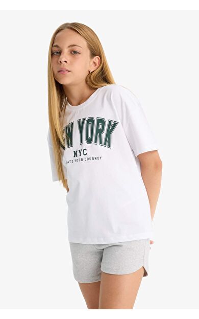 DeFacto Kız Çocuk Relax Fit Bisiklet Yaka Üniversite Baskılı Kısa Kollu Tişört G0455A825AUWT34