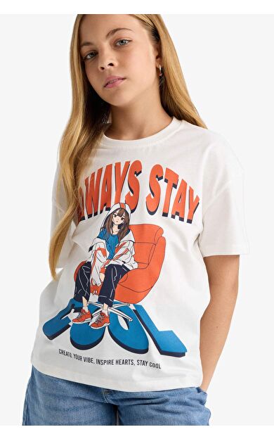 DeFacto Kız Çocuk Relax Fit Bisiklet Yaka Üniversite Baskılı Kısa Kollu Tişört G0469A825AUER138