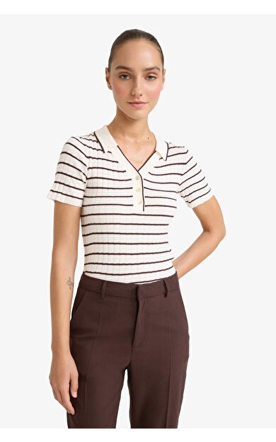 Fitted Polo Yaka Çizgili Triko Kazak