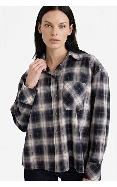 Oversize Geniş Kalıp Gömlek Yaka Kareli Flanel Uzun Kollu Gömlek
