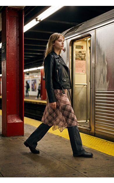 Relax Fit Fermuarlı Suni Deri Mont