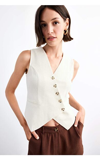 Slim Fit Dar Kesim V Yaka Keten Yelek