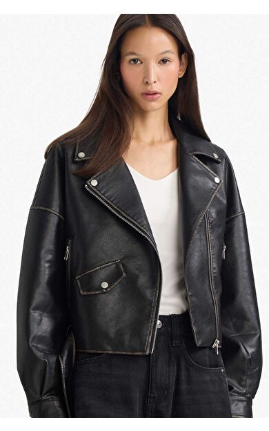 Su Geçirmez Oversıze Tafta Suni Deri Mont