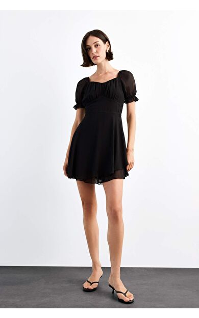 Şifon Kısa Kollu Mini Elbise