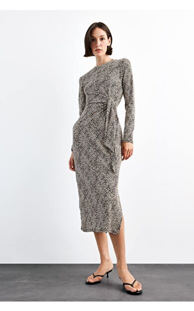 DeFacto Leopar Desenli Twill Uzun Kollu Midi Elbise