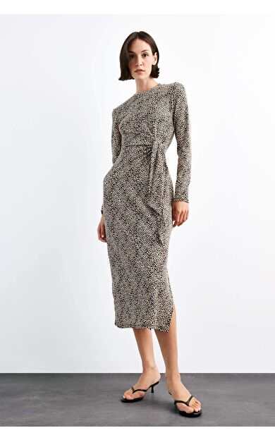 Leopar Desenli Twill Uzun Kollu Midi Elbise