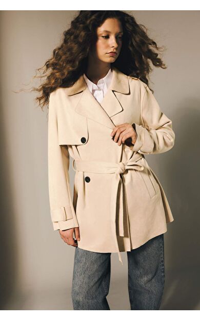 DeFacto Regular Fıt Smokin Yaka Süet Trençkot