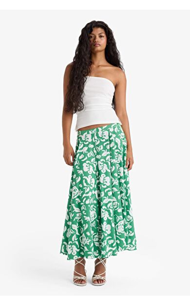 A Kesim Floral Normal Bel Keten Görünümlü Maxi Etek