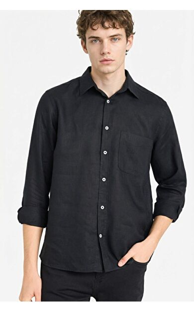 DeFacto Regular Fit Polo Yaka Keten Uzun Kollu Gömlek