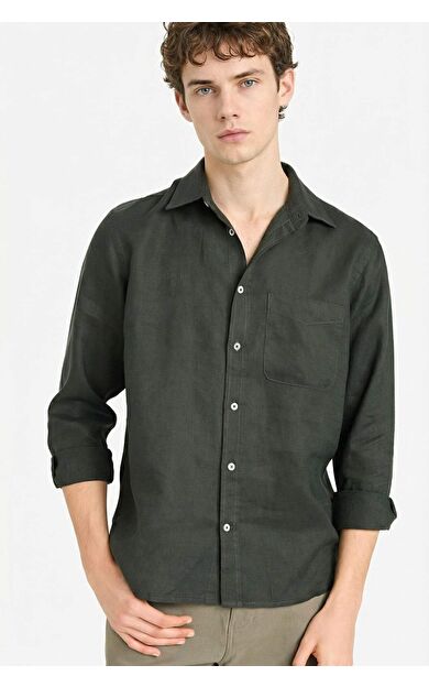 DeFacto Regular Fıt Polo Yaka Keten Uzun Kollu Gömlek