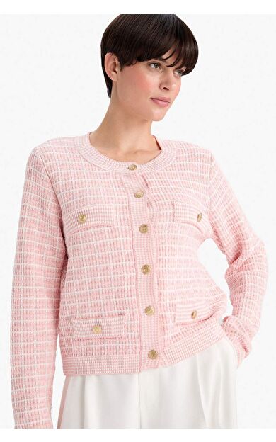 Regular Fit Bisiklet Yaka Kareli Triko Hırka