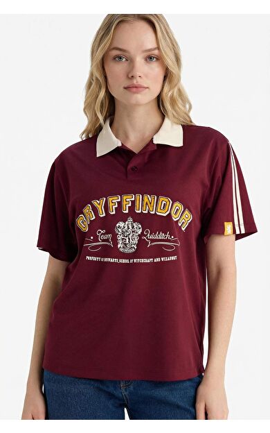 Harry Potter Oversıze Polo Yaka Baskılı Kısa Kollu Tişört