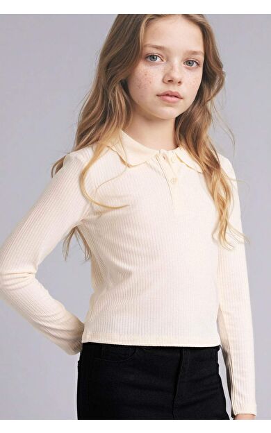 Slım Fıt Polo Yaka Fitilli Kaşkorse Uzun Kollu Polo Tişört Kız Çocuk
