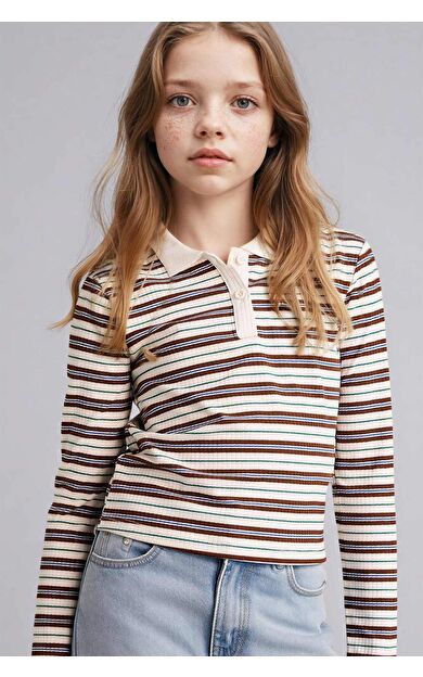 Slım Fıt Polo Yaka Fitilli Kaşkorse Uzun Kollu Polo Tişört Kız Çocuk