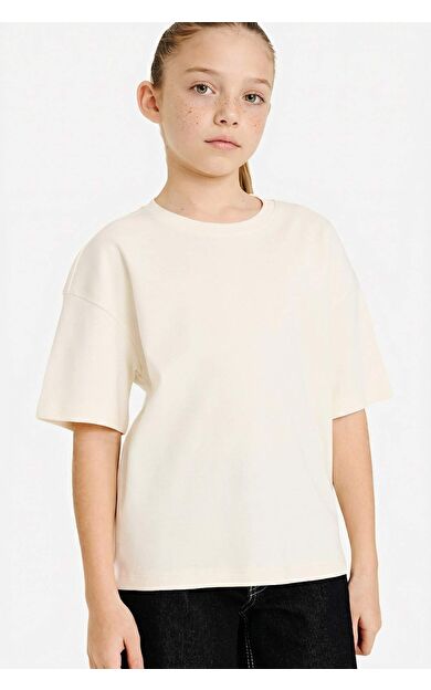 Oversıze Bisiklet Yaka Kısa Kollu Tişört Kız Çocuk