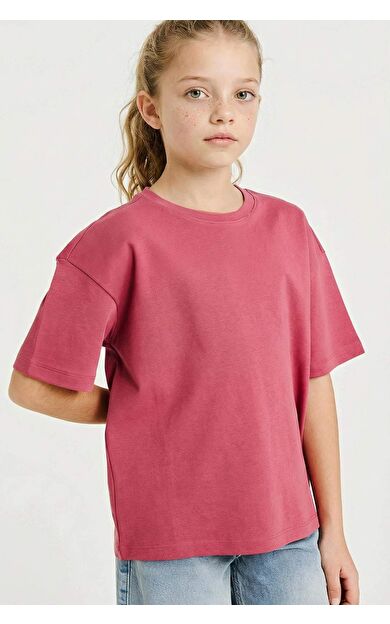 Oversıze Bisiklet Yaka Kısa Kollu Tişört Kız Çocuk