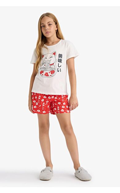 DeFacto Kız Çocuk Pijama Takımı Baskılı Kısa Kollu Tişört Desenli Şort