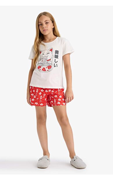 DeFacto Kız Çocuk Pijama Takımı Baskılı Kısa Kollu Tişört Desenli Şort
