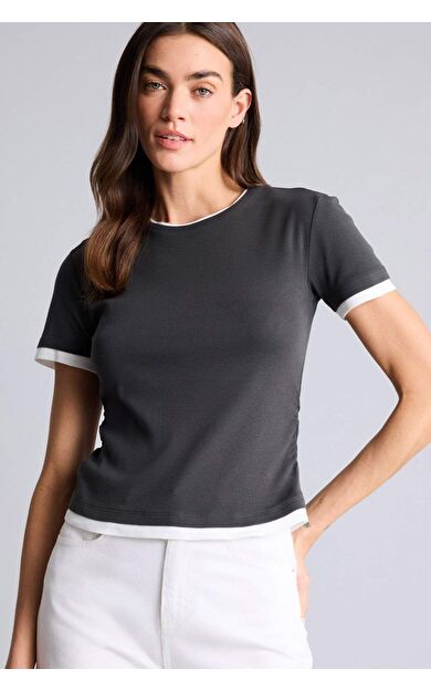 DeFacto Slım Fıt Bisiklet Yaka Ribana Kısa Kollu Tişört