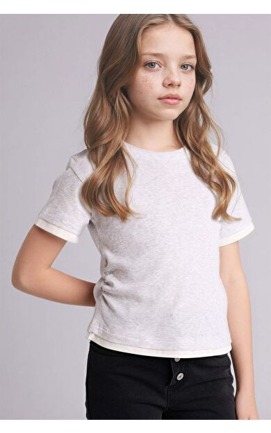 Slım Fıt Bisiklet Yaka Ribana Kısa Kollu Tişört Kız Çocuk