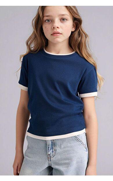 Slım Fıt Bisiklet Yaka Ribana Kısa Kollu Tişört Kız Çocuk
