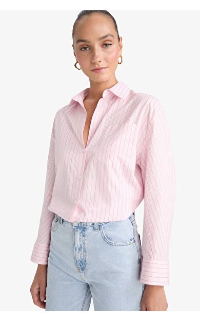 DeFacto Overshirt Fit Çizgili Poplin Uzun Kollu Gömlek