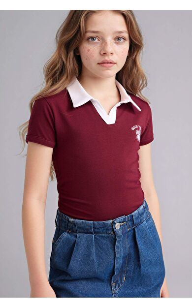 Slım Fıt Polo Yaka Slogan Baskılı Kısa Kollu Polo Tişört Kız Çocuk