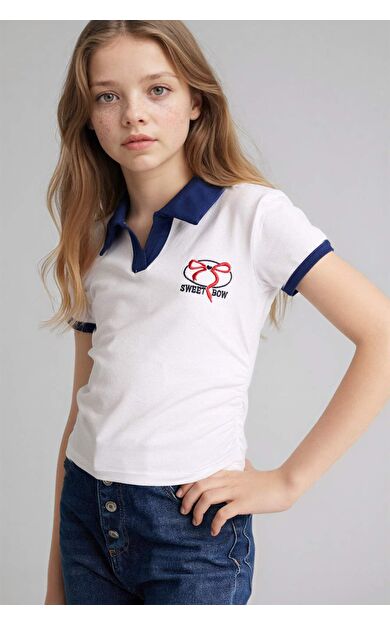 Slım Fıt Polo Yaka Slogan Baskılı Kısa Kollu Polo Tişört Kız Çocuk