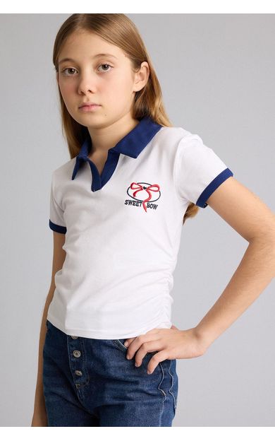 DeFacto Slım Fıt Polo Yaka Slogan Baskılı Kısa Kollu Polo Tişört Kız Çocuk Beyaz
