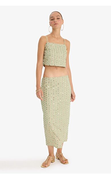 DeFacto Kalem Normal Bel Astarlı Taş İşlemeli Vual Midi Etek