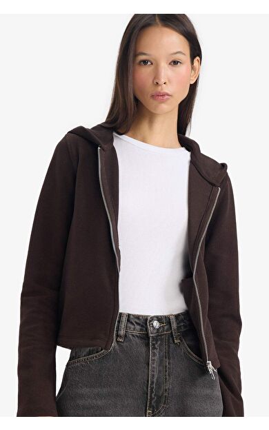 Slim Fit Dar Kesim Kapüşonlu Fermuarlı Sweatshirt