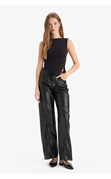 Wide Leg Fermuarlı Normal Bel Standart Boy Suni Deri Pantolon