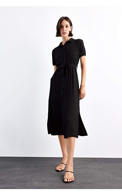 Gömlek Yaka Kemerli Kısa Kollu Midi Elbise