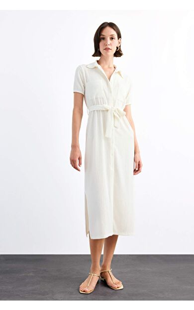 Gömlek Yaka Kemerli Kısa Kollu Midi Elbise