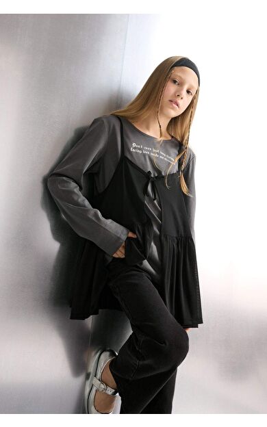 Kız Çocuk Loose Fit Bisiklet Yaka Slogan Baskılı Uzun Kollu Tişört