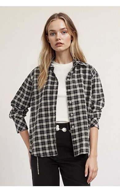 Oversize Geniş Kalıp Gömlek Yaka Pötikareli Poplin Uzun Kollu Gömlek