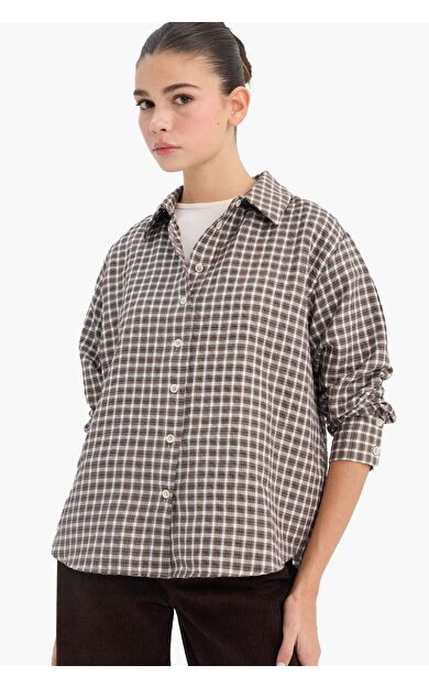 Afra x DeFacto Oversize Geniş Kalıp Pötikareli Poplin Uzun Kollu Gömlek