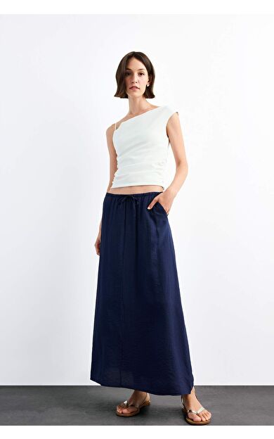 DeFacto Relax Fit Beli Lastikli Krinkıl Kumaş Midi Etek