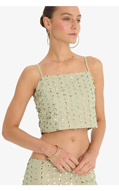 Regular Fit İnce Askılı Taş İşlemeli Vual Bluz