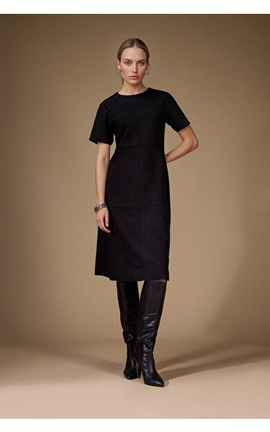 A Kesim Yuvarlak Yaka Süet Kısa Kollu Midi Elbise