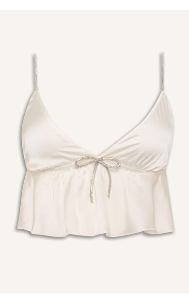 DeFacto Regular Fıt Saten Ecru Pijama Üst