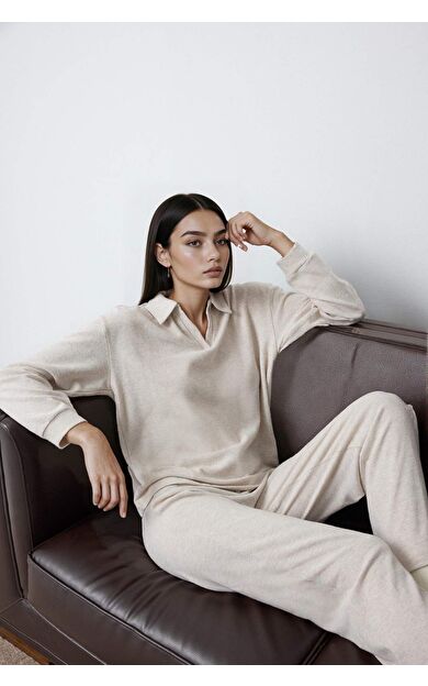 DeFacto Regular Fit Uzun Kollu 2'li Velur Takım Fall in Love