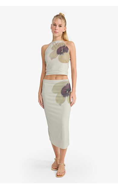 Coool Normal Bel Çiçek Desenli Tül Midi Kalem Etek