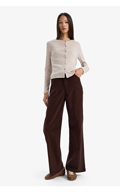 Wide Leg Fermuarlı Normal Bel Uzun Boy Kadife Pantolon