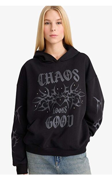 DeFacto Coool Oversize Geniş Kalıp Kapüşonlu Baskılı Kalın Kumaş Sweatshirt G1223AX25WNBK81