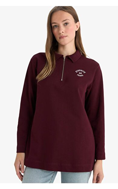 DeFacto Regular Fit Polo Yaka Nakışlı Sweatshirt Kumaşı Sweatshirt Tunik