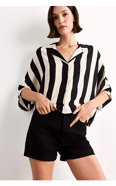 Oversize Geniş Kalıp Çizgili Kısa Kollu Gömlek G1324AX25SMBK81