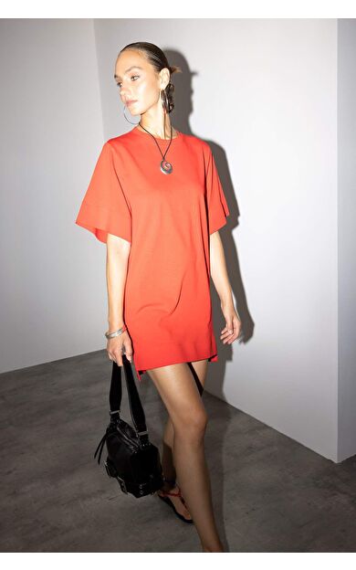 A Kesim Bisiklet Yaka Penye Kısa Kollu Mini Elbise