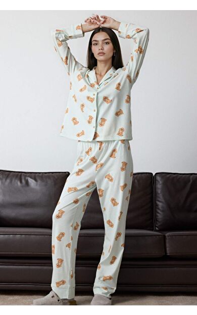 DeFacto Pijama Takımı Regular Fit Köpek Desenli Uzun Kollu Üst Uzun Alt-Fall in Love