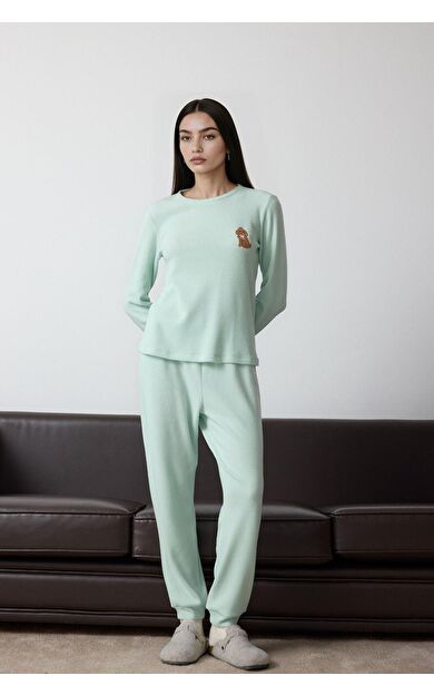 DeFacto Pijama Takımı Regular Fit Waffle Uzun Kollu Üst Uzun Alt-Fall in Love
